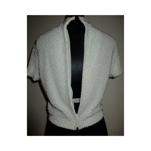 Vintage 80's VIE by Victoria Royal Mock Neck Pearl Beaded Top Hong Kong Size 12 - Picture 5 of 9